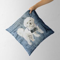 Bichon Frise dog Inspired Denim Style Throw Pillow Cushion - Travel collection 13 Adventure is out there cushion Bichon Frise Faded Ephemera Denim holding in hand