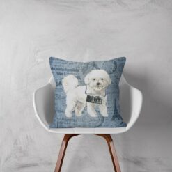 Bichon Frise dog Inspired Denim Style Throw Pillow Cushion - Travel collection 12 Adventure is out there cushion Bichon Frise Faded Ephemera Denim white chair