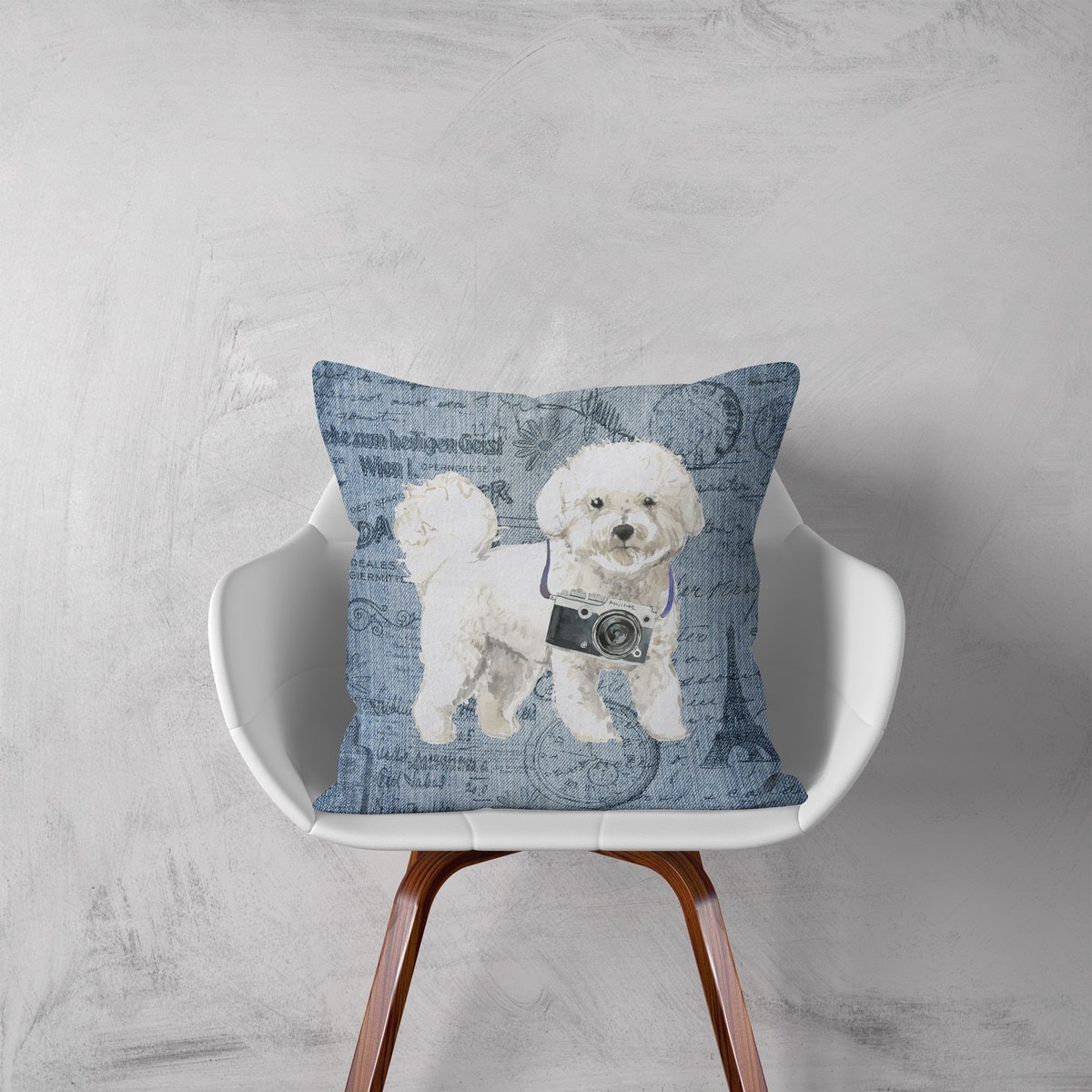 Bichon Frise dog Inspired Denim Style Throw Pillow Cushion - Travel collection 3 Bichon Frise dog Inspired Denim Style Throw Pillow Cushion - Travel collection - Image 2