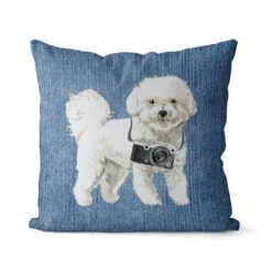 Bichon Frise dog Inspired Denim Style Throw Pillow Cushion - Travel collection 16 Adventure is out there cushion Bichon Frise Gently Faded Denim front view