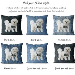 Bichon Frise dog Inspired Denim Style Throw Pillow Cushion - Travel collection 15 Adventure is out there cushion Bichon Frise variations