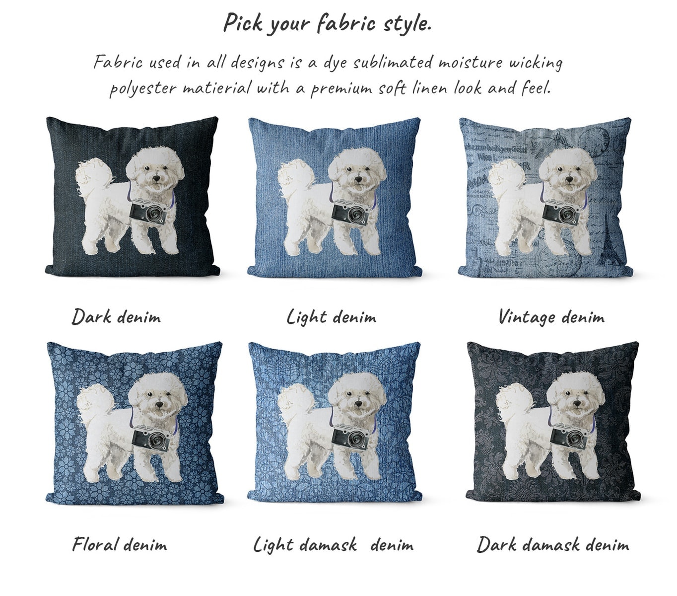 Bichon Frise dog Inspired Denim Style Throw Pillow Cushion - Travel collection 6 Bichon Frise dog Inspired Denim Style Throw Pillow Cushion - Travel collection - Image 5