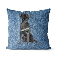 Adventure is out there cushion Black Lab Bleached Damask Denim front view