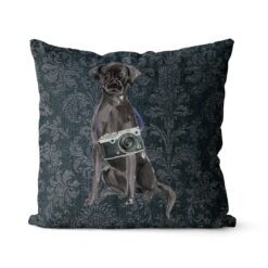Adventure is out there cushion Black Lab Dark Damask Denim front view