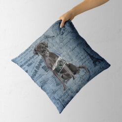 Adventure is out there cushion Black Lab Faded Ephemera Denim holding in hand