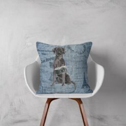 Adventure is out there cushion Black Lab Faded Ephemera Denim white chair