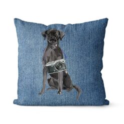Adventure is out there cushion Black Lab Gently Faded Denim front view