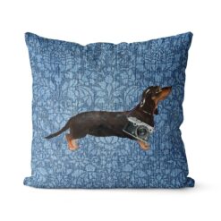 Adventure is out there cushion Black Tan Dachshund Bleached Damask Denim front view