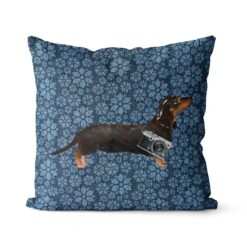 Adventure is out there cushion Black Tan Dachshund Daisy Denim front view