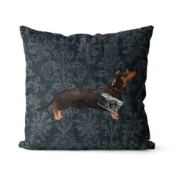Adventure is out there cushion Black Tan Dachshund Dark Damask Denim front view