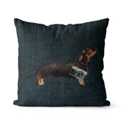 Adventure is out there cushion Black Tan Dachshund Dark Denim front view