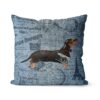 Black & Tan Dachshund dog Inspired Denim Style Throw Pillow Cushion - Travel collection 2 Adventure is out there cushion Black Tan Dachshund Faded Ephemera Denim front view