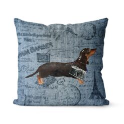 Black & Tan Dachshund dog Inspired Denim Style Throw Pillow Cushion - Travel collection