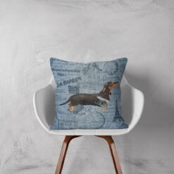 Adventure is out there cushion Black Tan Dachshund Faded Ephemera Denim white chair