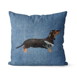 Adventure is out there cushion Black Tan Dachshund Gently Faded Denim front view
