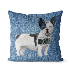 Black&white French bulldog dog Inspired Denim Style Throw Pillow Cushion - Travel collection 19 Adventure is out there cushion Blackwhite French bulldog Bleached Damask Denim front view
