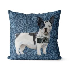 Black&white French bulldog dog Inspired Denim Style Throw Pillow Cushion - Travel collection 18 Adventure is out there cushion Blackwhite French bulldog Daisy Denim front view