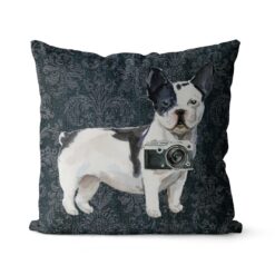 Black&white French bulldog dog Inspired Denim Style Throw Pillow Cushion - Travel collection 17 Adventure is out there cushion Blackwhite French bulldog Dark Damask Denim front view