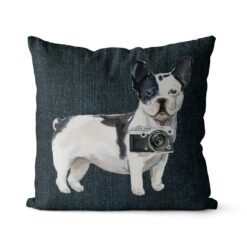 Black&white French bulldog dog Inspired Denim Style Throw Pillow Cushion - Travel collection 16 Adventure is out there cushion Blackwhite French bulldog Dark Denim front view