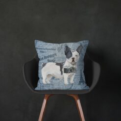 Black&white French bulldog dog Inspired Denim Style Throw Pillow Cushion - Travel collection 14 Adventure is out there cushion Blackwhite French bulldog Faded Ephemera Denim black chair