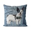Black&white French bulldog dog Inspired Denim Style Throw Pillow Cushion - Travel collection 1 Adventure is out there cushion Blackwhite French bulldog Faded Ephemera Denim front view