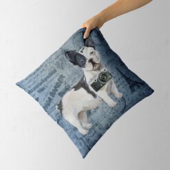 Black&white French bulldog dog Inspired Denim Style Throw Pillow Cushion - Travel collection 13 Adventure is out there cushion Blackwhite French bulldog Faded Ephemera Denim holding in hand