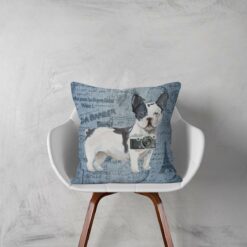 Black&white French bulldog dog Inspired Denim Style Throw Pillow Cushion - Travel collection 12 Adventure is out there cushion Blackwhite French bulldog Faded Ephemera Denim white chair