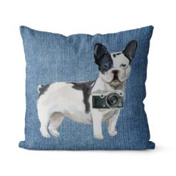 Black&white French bulldog dog Inspired Denim Style Throw Pillow Cushion - Travel collection 15 Adventure is out there cushion Blackwhite French bulldog Gently Faded Denim front view