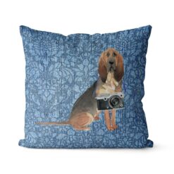 BloodHound dog Inspired Denim Style Throw Pillow Cushion - Travel collection 18 Adventure is out there cushion BloodHound Bleached Damask Denim front view