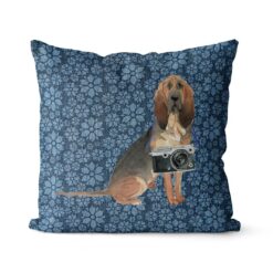 BloodHound dog Inspired Denim Style Throw Pillow Cushion - Travel collection 17 Adventure is out there cushion BloodHound Daisy Denim front view
