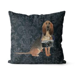 BloodHound dog Inspired Denim Style Throw Pillow Cushion - Travel collection 16 Adventure is out there cushion BloodHound Dark Damask Denim front view