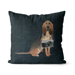 BloodHound dog Inspired Denim Style Throw Pillow Cushion - Travel collection 15 Adventure is out there cushion BloodHound Dark Denim front view