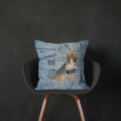 BloodHound dog Inspired Denim Style Throw Pillow Cushion - Travel collection 13 Adventure is out there cushion BloodHound Faded Ephemera Denim black chair