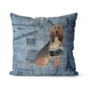 BloodHound dog Inspired Denim Style Throw Pillow Cushion - Travel collection 2 Adventure is out there cushion BloodHound Faded Ephemera Denim front view