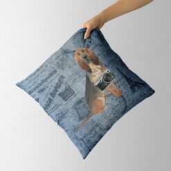 BloodHound dog Inspired Denim Style Throw Pillow Cushion - Travel collection 12 Adventure is out there cushion BloodHound Faded Ephemera Denim holding in hand