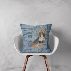 BloodHound dog Inspired Denim Style Throw Pillow Cushion - Travel collection 11 Adventure is out there cushion BloodHound Faded Ephemera Denim white chair