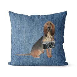 BloodHound dog Inspired Denim Style Throw Pillow Cushion - Travel collection 14 Adventure is out there cushion BloodHound Gently Faded Denim front view
