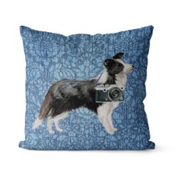 Border Collie dog Inspired Denim Style Throw Pillow Cushion - Travel collection 20 Adventure is out there cushion Border Collie Bleached Damask Denim front view