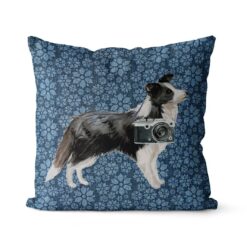 Border Collie dog Inspired Denim Style Throw Pillow Cushion - Travel collection 19 Adventure is out there cushion Border Collie Daisy Denim front view