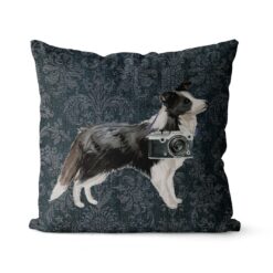 Border Collie dog Inspired Denim Style Throw Pillow Cushion - Travel collection 18 Adventure is out there cushion Border Collie Dark Damask Denim front view