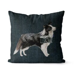 Border Collie dog Inspired Denim Style Throw Pillow Cushion - Travel collection 17 Adventure is out there cushion Border Collie Dark Denim front view