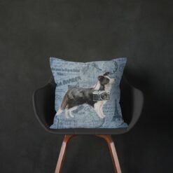 Border Collie dog Inspired Denim Style Throw Pillow Cushion - Travel collection 14 Adventure is out there cushion Border Collie Faded Ephemera Denim black chair