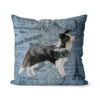 Border Collie dog Inspired Denim Style Throw Pillow Cushion - Travel collection 2 Adventure is out there cushion Border Collie Faded Ephemera Denim front view