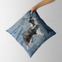Border Collie dog Inspired Denim Style Throw Pillow Cushion - Travel collection 13 Adventure is out there cushion Border Collie Faded Ephemera Denim holding in hand