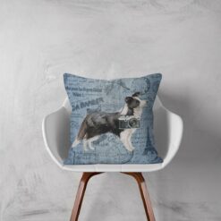 Border Collie dog Inspired Denim Style Throw Pillow Cushion - Travel collection 12 Adventure is out there cushion Border Collie Faded Ephemera Denim white chair