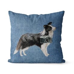 Border Collie dog Inspired Denim Style Throw Pillow Cushion - Travel collection 16 Adventure is out there cushion Border Collie Gently Faded Denim front view