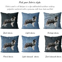 Border Collie dog Inspired Denim Style Throw Pillow Cushion - Travel collection 15 Adventure is out there cushion Border Collie variations