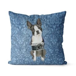Boston Terrier dog Inspired Denim Style Throw Pillow Cushion - Travel collection 20 Adventure is out there cushion Boston Terrier Bleached Damask Denim front view