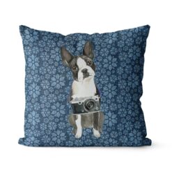 Boston Terrier dog Inspired Denim Style Throw Pillow Cushion - Travel collection 19 Adventure is out there cushion Boston Terrier Daisy Denim front view