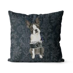 Boston Terrier dog Inspired Denim Style Throw Pillow Cushion - Travel collection 18 Adventure is out there cushion Boston Terrier Dark Damask Denim front view